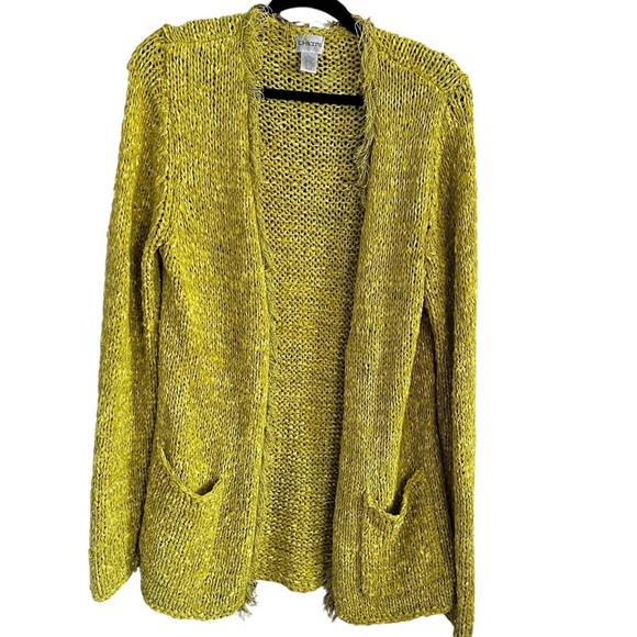 Vintage Chicos Linen Blend Chartreuse Lagonlook Cardigan Fringe size Large - Picture 2 of 13